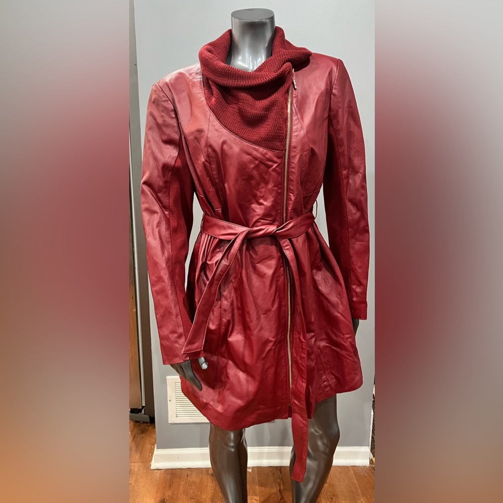 NWOT IMAN Red Leather Asymmetrical Gold Zip Belted Jacket